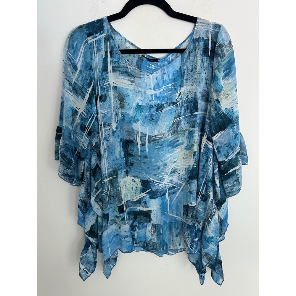 Lace Women Blue Abstract Print Ruffle Sleeve Handkerchief Hem Flowy Blouse Small